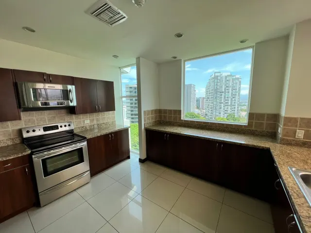 Kitchen with dark wood cabinets, granite countertops, stainless steel appliances, and large windows with city views.