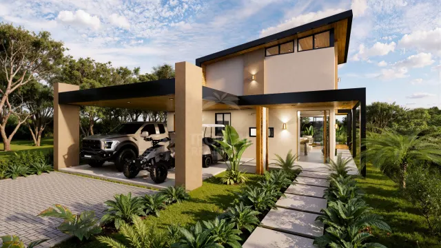 Exterior view of a modern two-story building with a flat roofline, a covered carport holding a pickup truck and an ATV, and a paved walkway leading to the entrance.