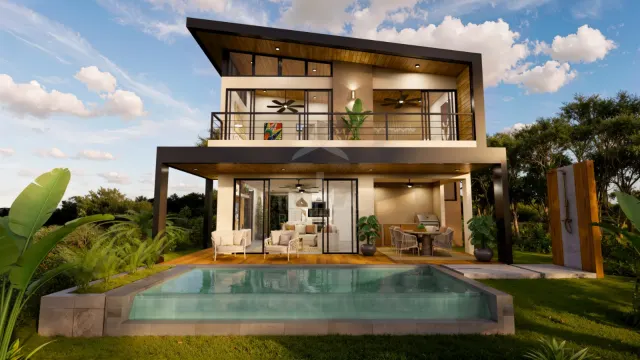 Exterior view of a contemporary two-story house featuring a ground-floor pool, wooden deck, outdoor dining area, and large glass sliding doors.