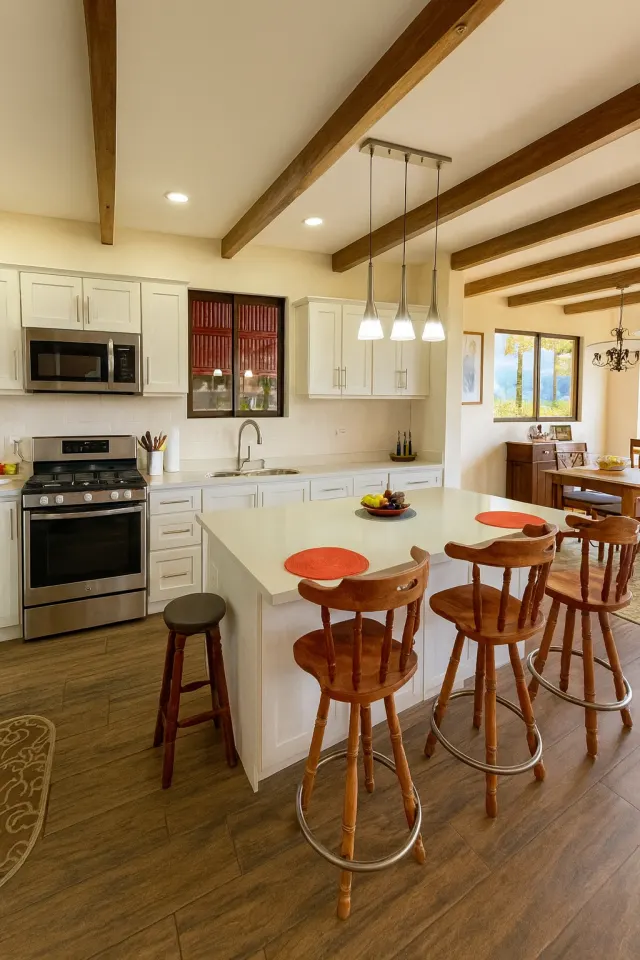Kitchen featuring a central island with wooden bar stools, white cabinetry, stainless steel appliances, and exposed wooden ceiling beams.
