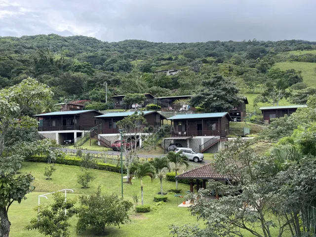 An exterior view showing a row of dark wood cabins with metal roofs and parking spaces, set against a backdrop of forested hills.