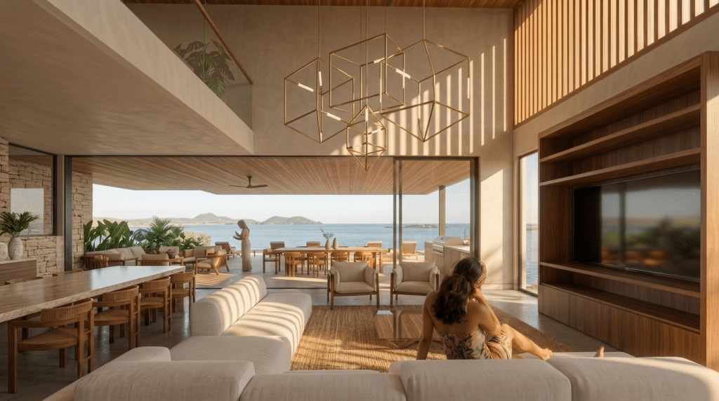 Open-concept-living-room-with-custom-teak-wood-finishes-and-floor-to-ceiling-glass-at-cantomar